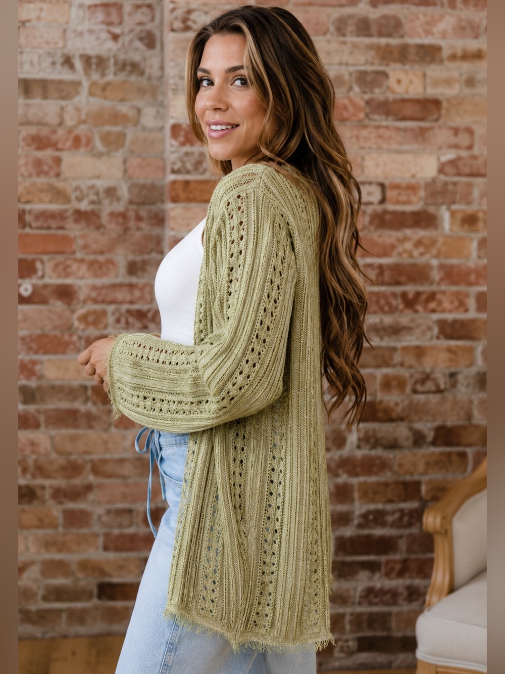 Cotton Country lime toned fringe edge cardigan